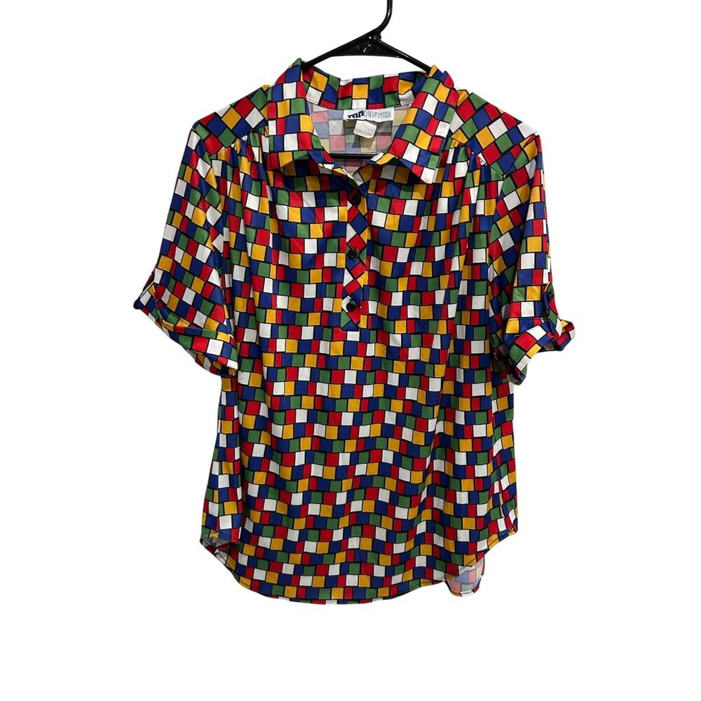 Vintage TopNotch Multicolor Geometric Button-Down Blouse Size 16W 80s Boho